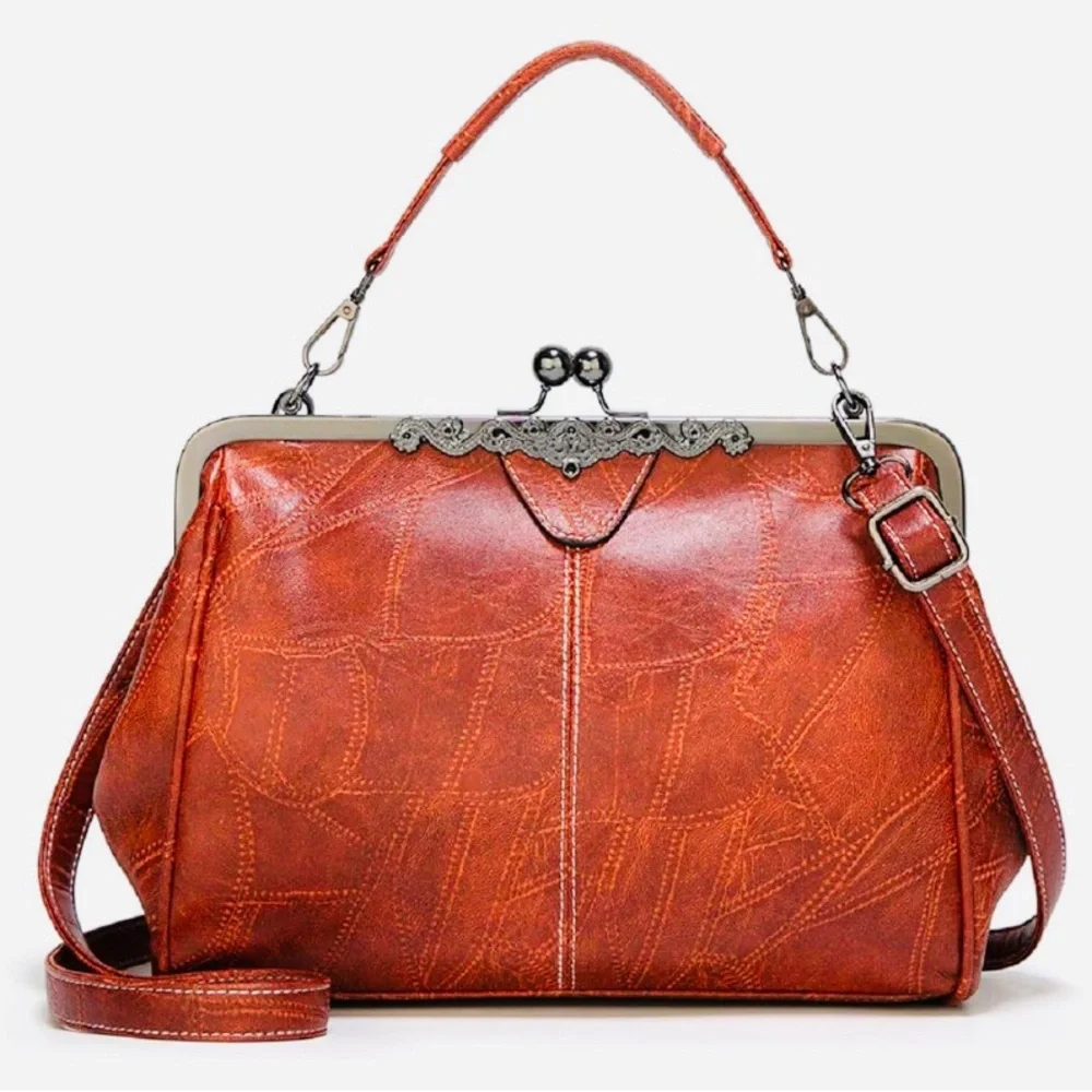 Bykoine Retro Hollow Oil Wax PU Leather Handbag with Kisslock EUC - Picture 2 of 8